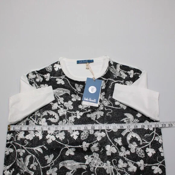 Italo Ferretti NWT Short Sleeve Crew T-Shirt Size M White & Black Cotton/Silk